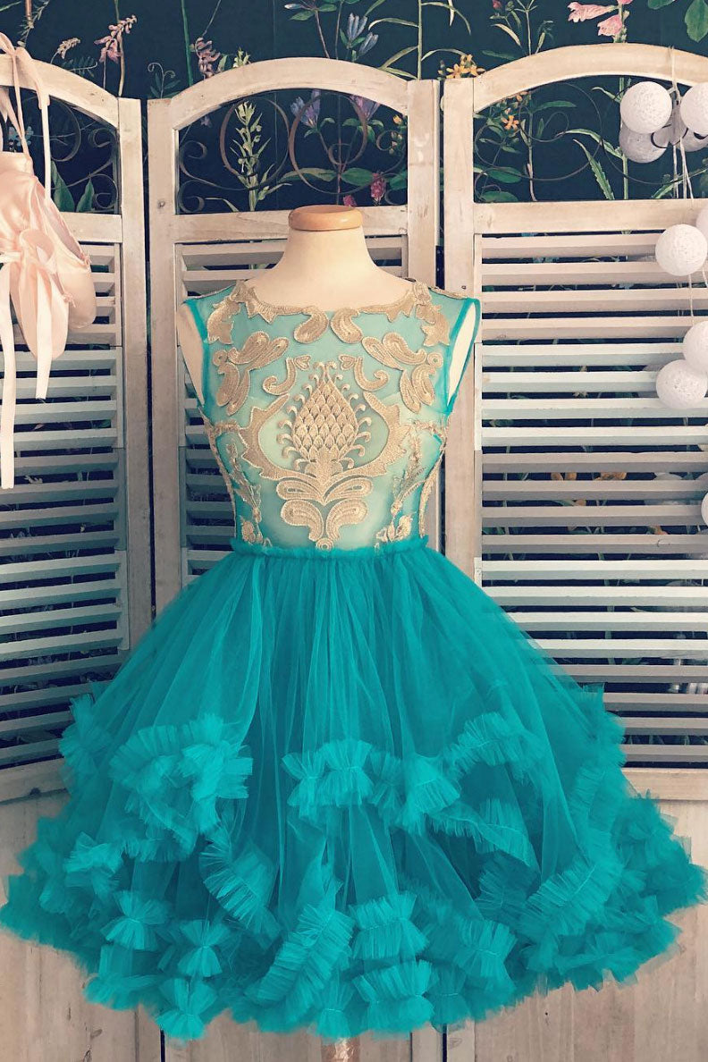 Green tulle lace short prom dress, green lace homecoming dress