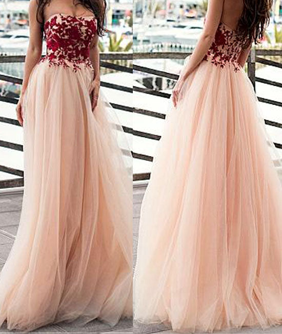 Champagne tulle sweetheart neck lace applique long prom dress. evening dress - shdress