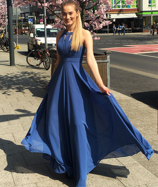 Simple blue chiffon long prom dress, blue evening dress - shdress