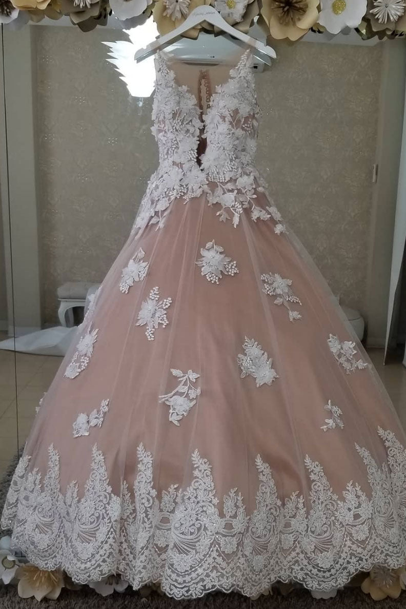 Unique lace tulle long wedding dress, lace evening dress