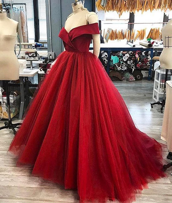Red off shoulder tulle long prom dress, ted tulle long evening dress - shdress