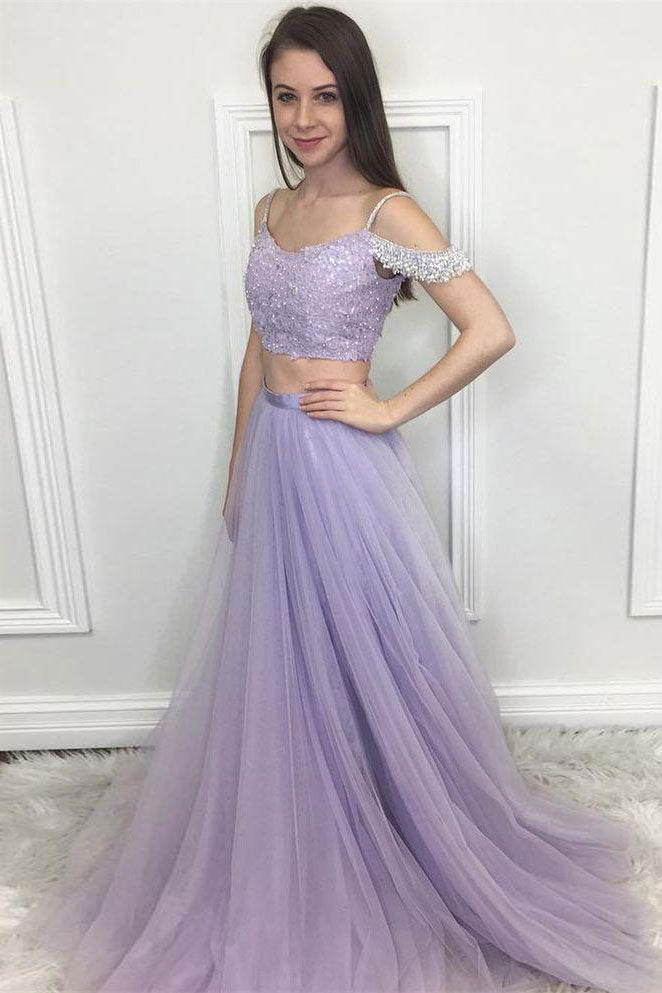 Purple tulle lace two pieces long prom dress, tulle formal dress