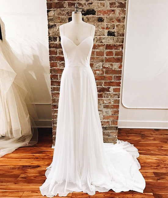 Simple White chiffon long prom dress, white evening dress - shdress