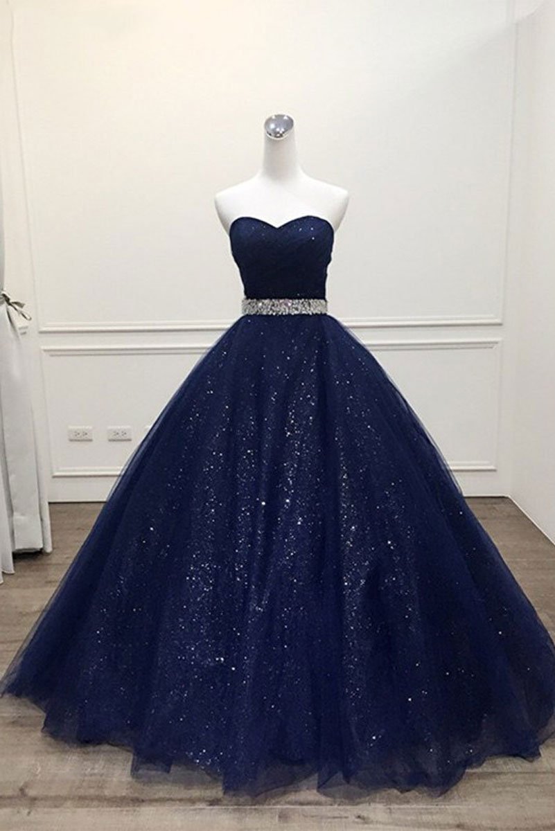 Dark blue sweetheart tulle long prom dress, blue tulle formal dress