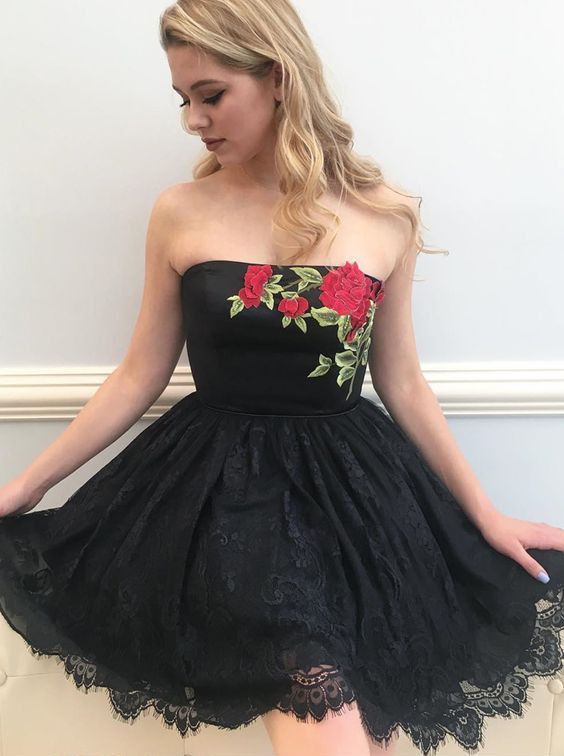 Black tulle lace short prom dress, black homecoming dress - shdress