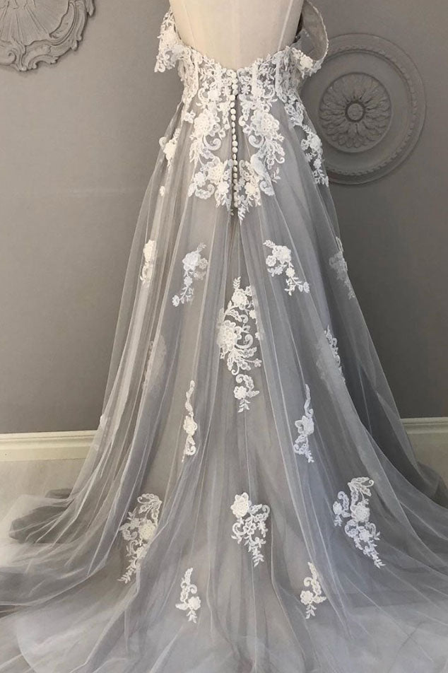 Gray tulle lace long prom dress gray tulle lace formal dress