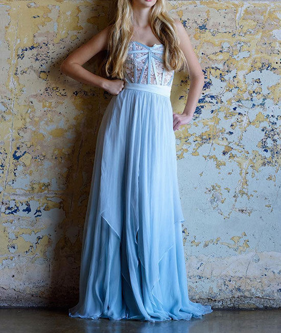 Blue sweetheart neck chiffon lace long prom dress, blue evening dress - shdress