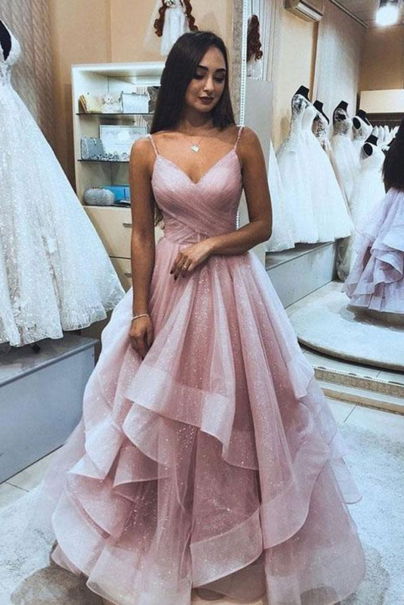 Pink sweetheart tulle long prom dress, pink formal dress