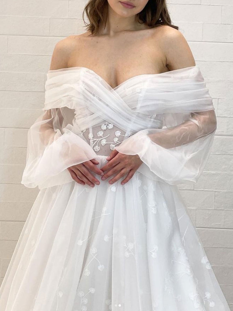 aline white lace dress Romantic A-line White Lace Long Wedding Dress with Open Back US8 / White
