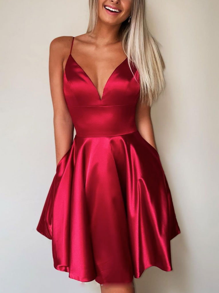 red satin dress homecoming Simple v neck satin burgundy short prom dress, homecoming dress – shdress
