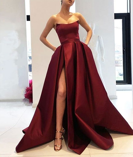Simple burgundy satin long prom dress, burgundy evening dress - shdress