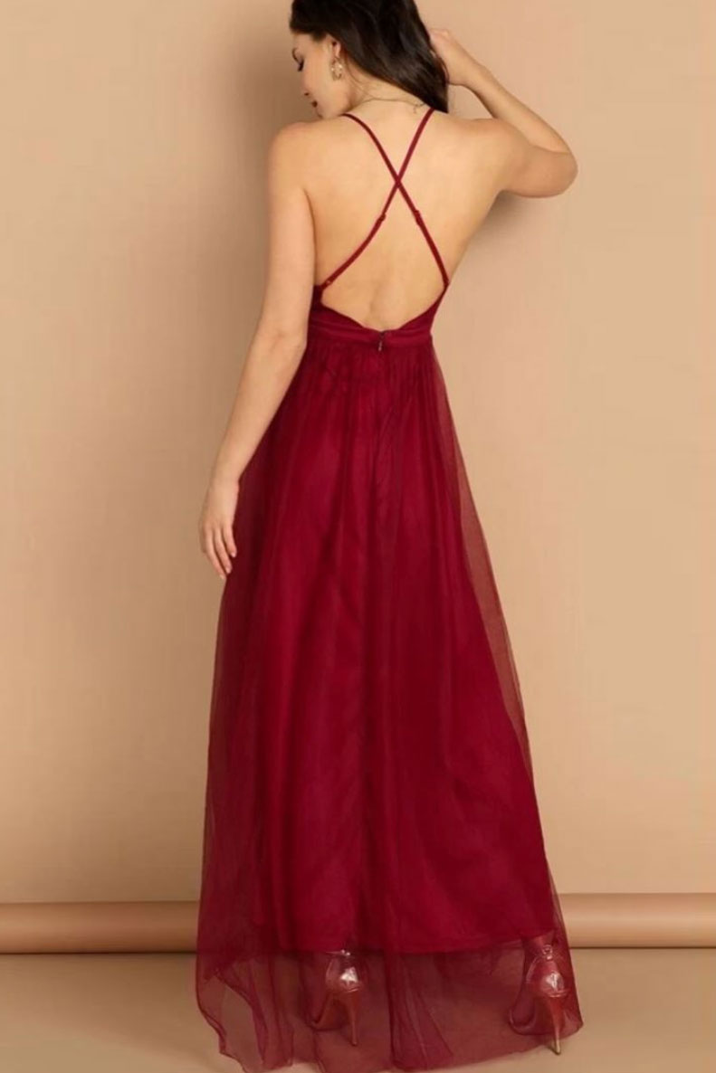 Simple v neck burgundy tulle long prom dress burgundy evening dress shdress Simple v neck burgundy tulle long prom dress burgundy evening dress shdress