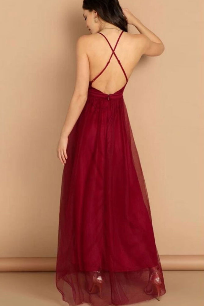 
                  
                    Simple v neck burgundy tulle long prom dress burgundy evening dress
                  
                
