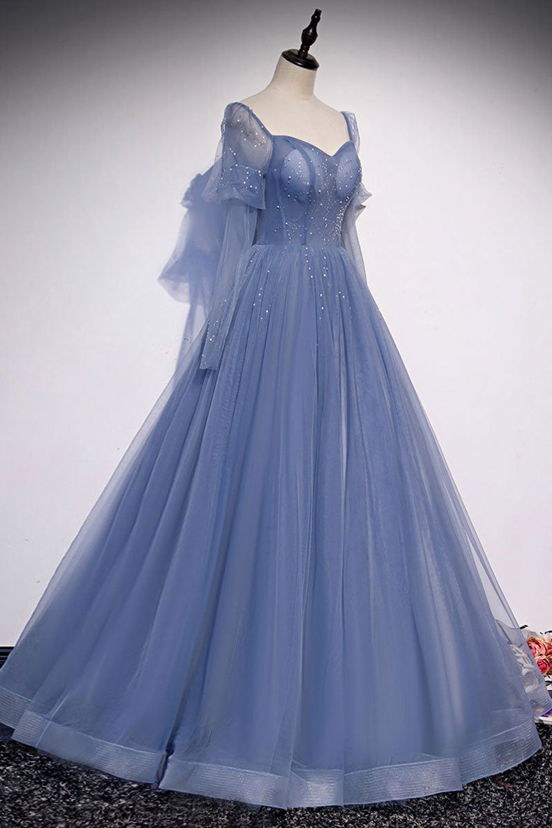 Blue A line tulle sequin long prom dress, blue tulle formal dress – shdress