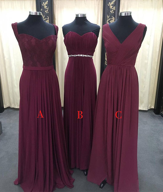 Simple burgundy chiffon long prom dress, burgundy bridesmaid dress - shdress