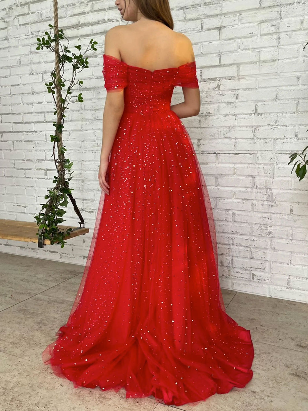 Fashion Red Ball Gown Satin Off the Shoulder Prom Dress