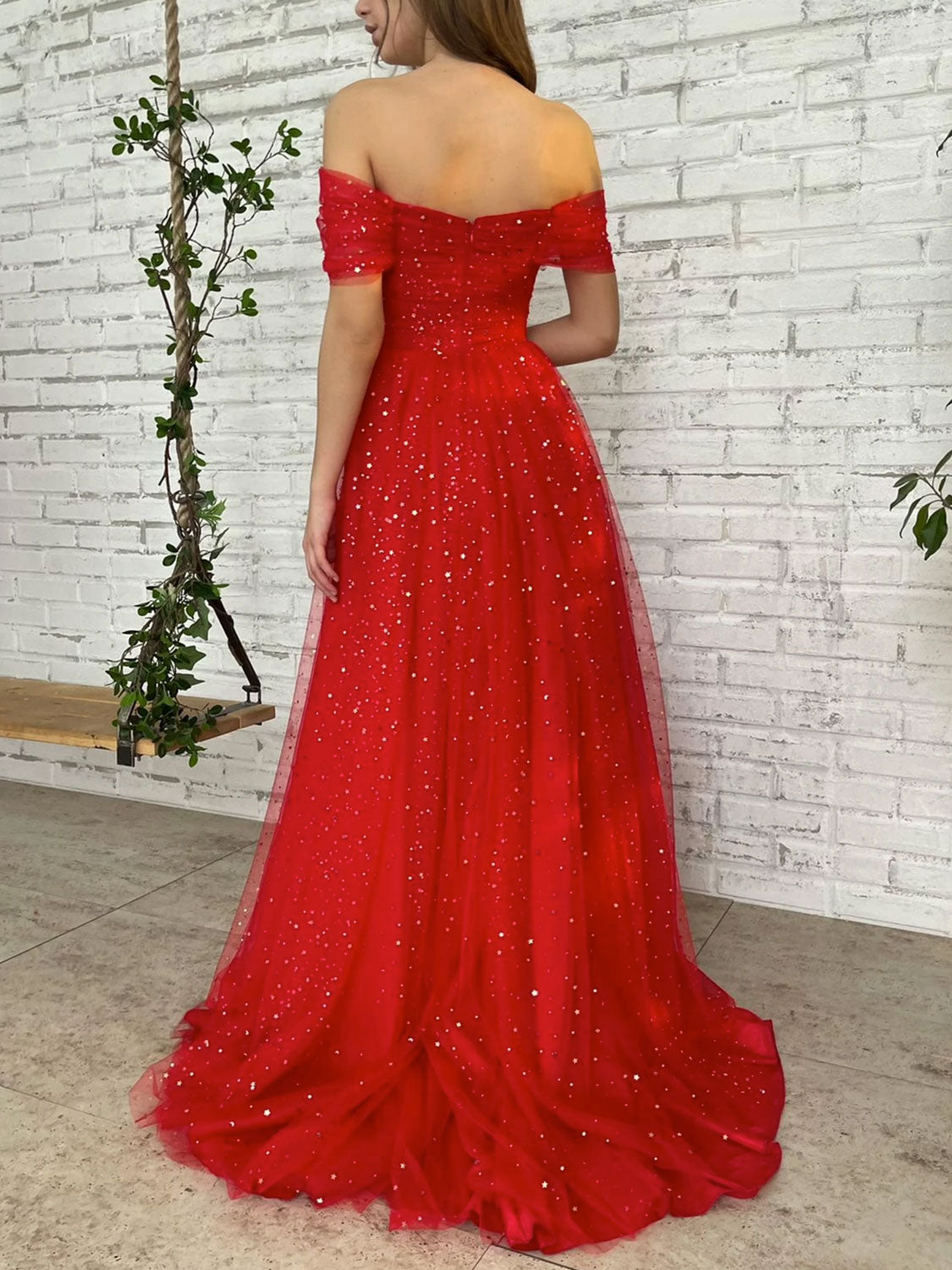 V Neck Tulle Red Lace Long Prom Dress with High Slit, Red Lace Formal –  abcprom