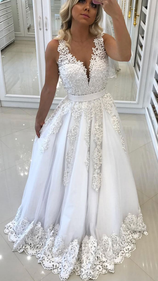 
                  
                    White v neck tulle lace applique long prom dress, white evening dress - shdress
                  
                