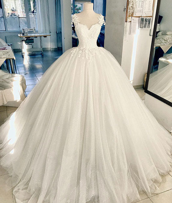 White lace tulle long prom dress, white lace wedding dress - shdress