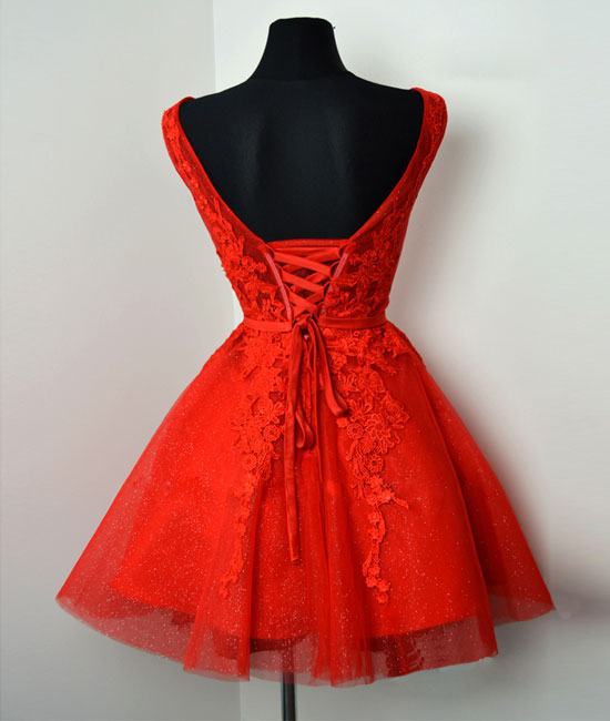 Red v neck lace tulle short prom dress, red homecoming dress - shdress