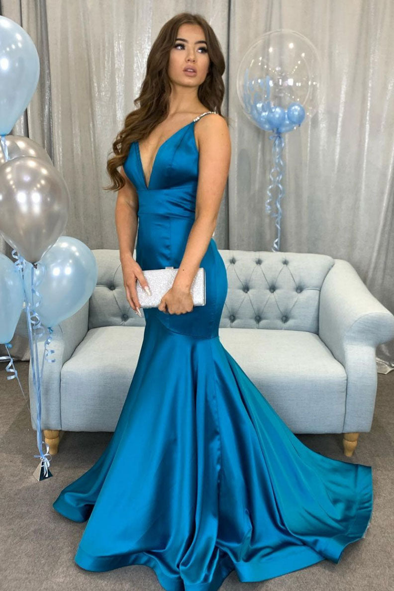 Simple v neck Peacock blue satin long prom dress blue evening dress shdress Simple v neck Peacock blue satin long prom dress blue evening dress shdress