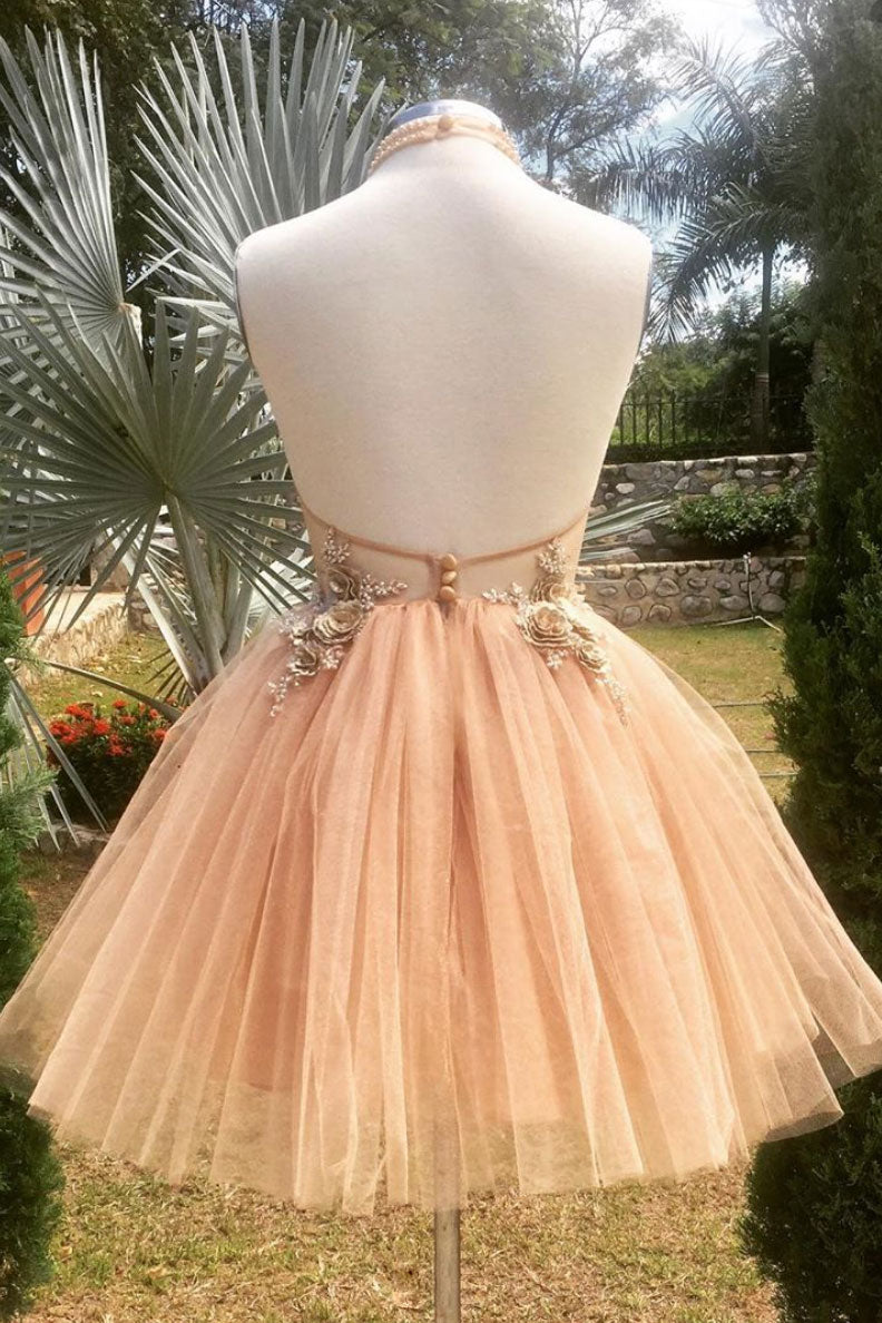 Champagne high neck tulle lace short prom dress tulle formal dress shdress Champagne high neck tulle lace short prom dress tulle formal dress shdress