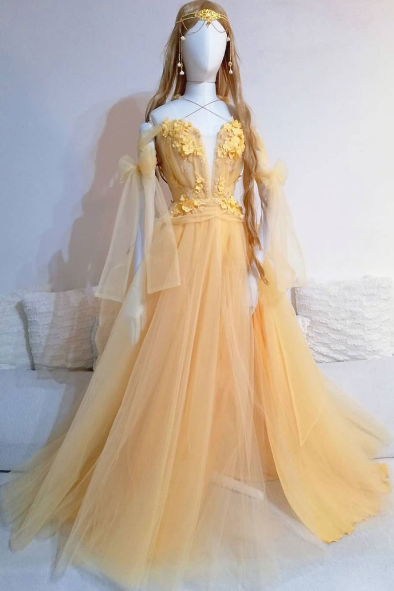 
                  
                    Yellow sweetheart tulle lace long prom dress yellow formal dress
                  
                