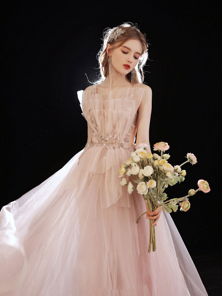 
                  
                    Pink tulle beads long prom dress, pink sweet 16 dress
                  
                