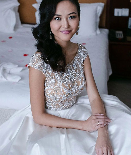 White round neck beads long prom gown, white evening dress - shdress