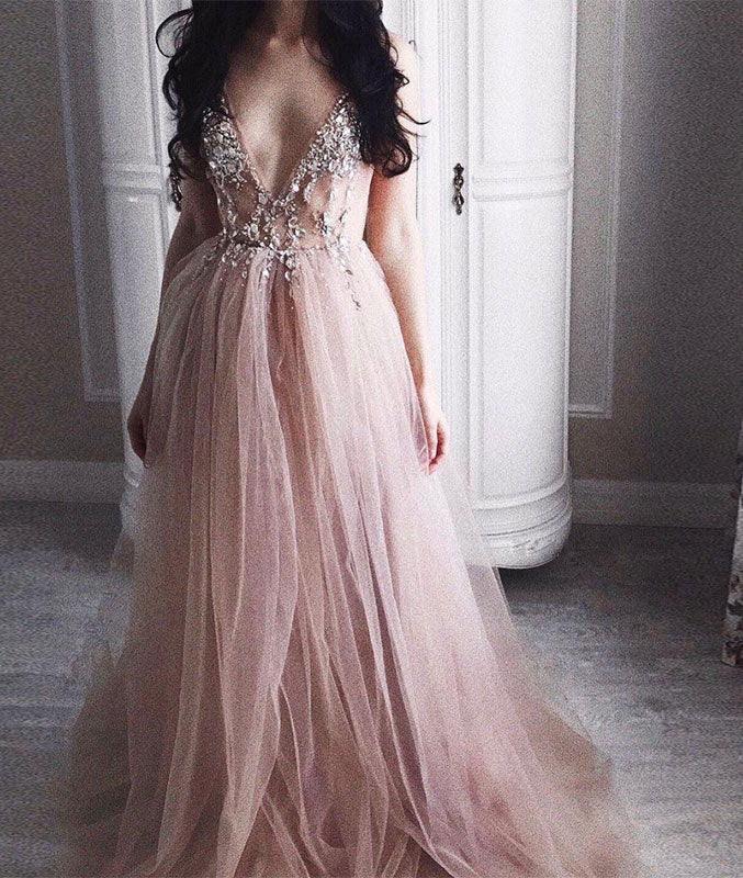 Elegant v neck champagne tulle long prom dress, evening dress - shdress