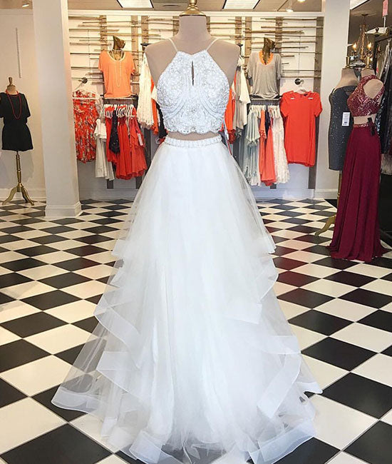 White two pieces tulle beads long prom dress, white evening dress – shdress White two pieces tulle beads long prom dress, white evening dress – shdress