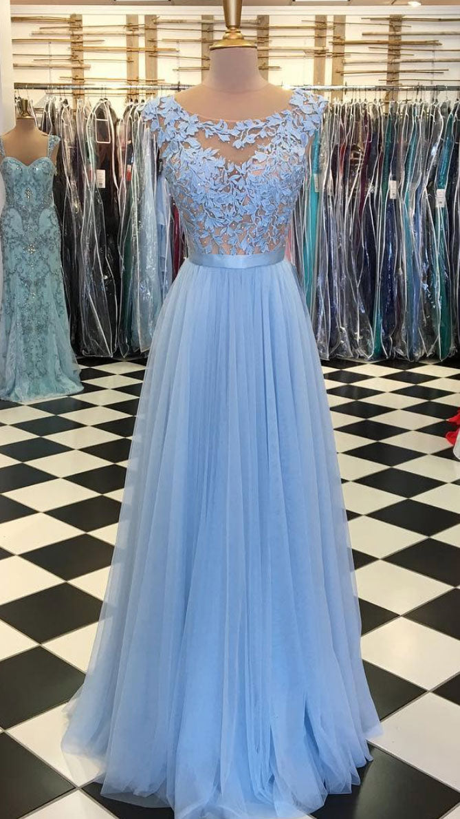 
                  
                    Blue round neck tulle lace applique long prom dress, blue evening dress - shdress
                  
                