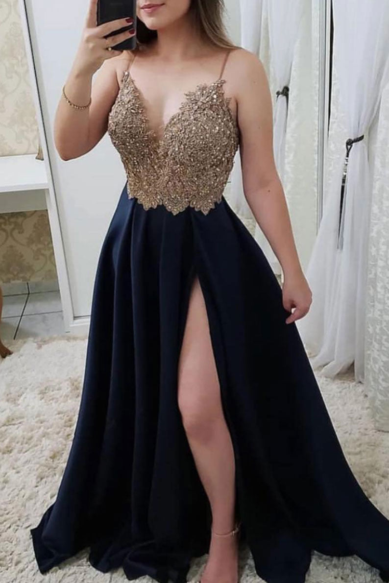 Unique lace satin long prom dress, lace long evening dress