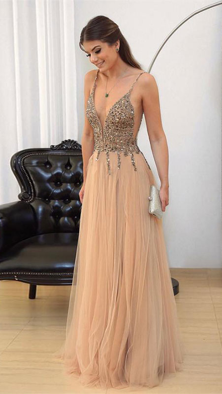 Champagne v neck sequin tulle long prom dress, evening dress - shdress