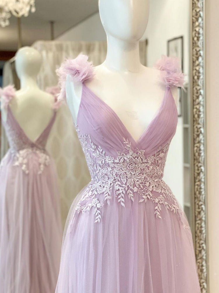 V neck A line Pink Long Prom Dresses, Lace Long Graduation Dresses Wit shdress V neck A line Pink Long Prom Dresses, Lace Long Graduation Dresses Wit shdress