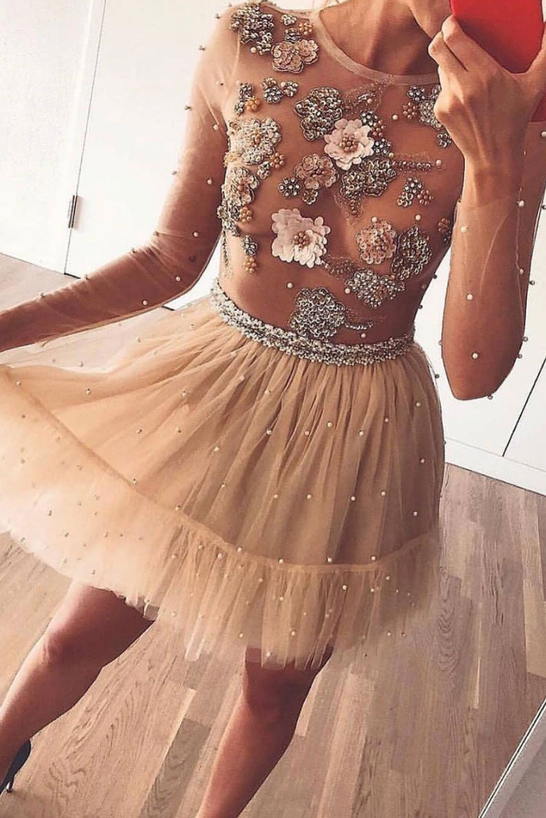 Champagne tulle beads short prom dress, champagne homecoming dress