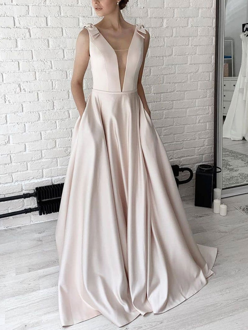 apricot bridesmaid dresses Simple v neck apricot satin long prom dress , bridesmaid dress – shdress