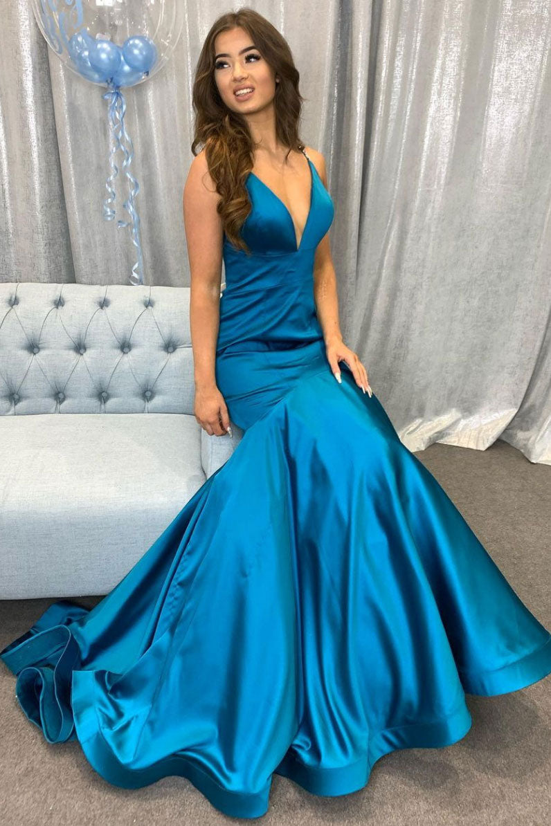 Simple v neck Peacock blue satin long prom dress blue evening dress shdress Simple v neck Peacock blue satin long prom dress blue evening dress shdress