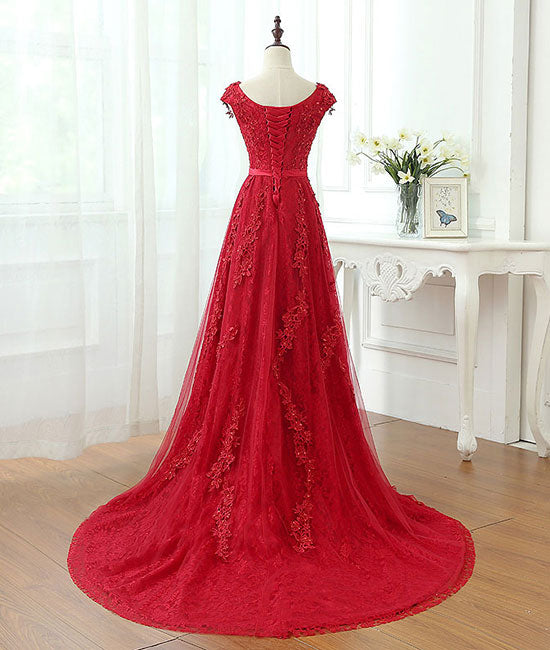 
                  
                    Burgundy tulle lace applique long prom dress, burgundy evening dress - shdress
                  
                