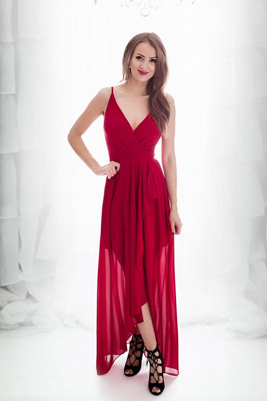 Simple v neck chiffon long prom dress, chiffon evening dress – shdress
