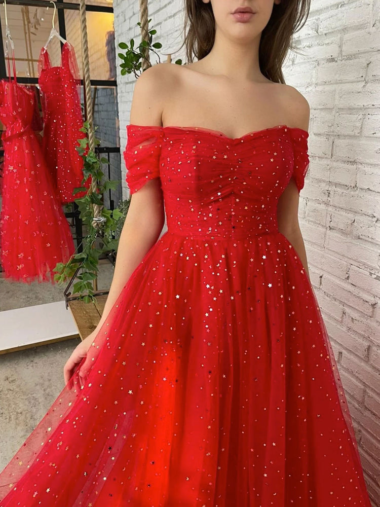 Simple red off shoulder tulle long prom dress, red evening dress shdress Simple red off shoulder tulle long prom dress, red evening dress shdress
