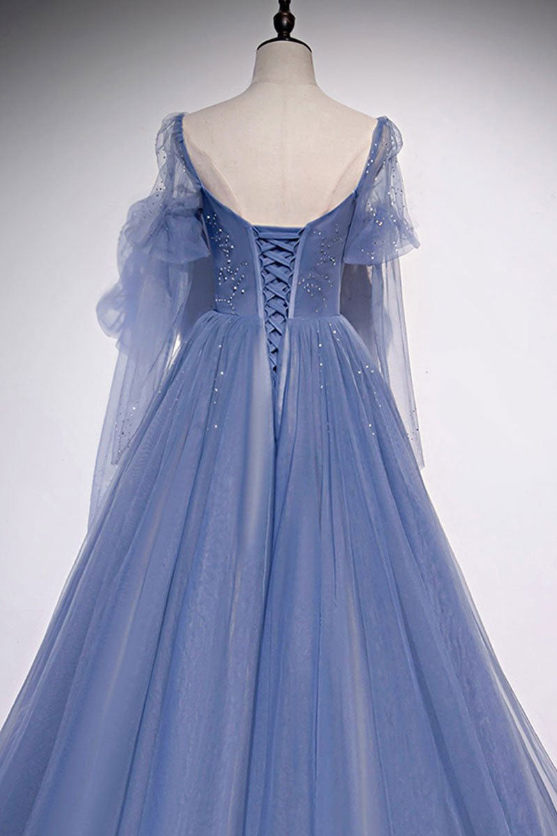 Blue A line tulle sequin long prom dress, blue tulle formal dress – shdress