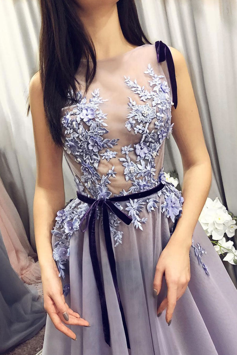 Elegant  tulle lace applique long prom dress, evening dress