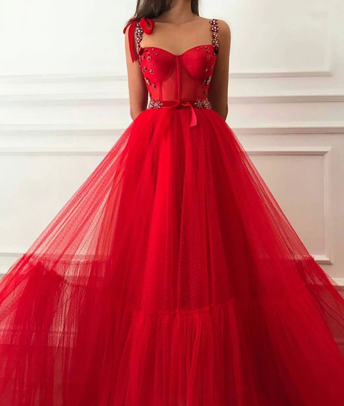 Red tulle sweetheart long prom dress, red tulle evening dress