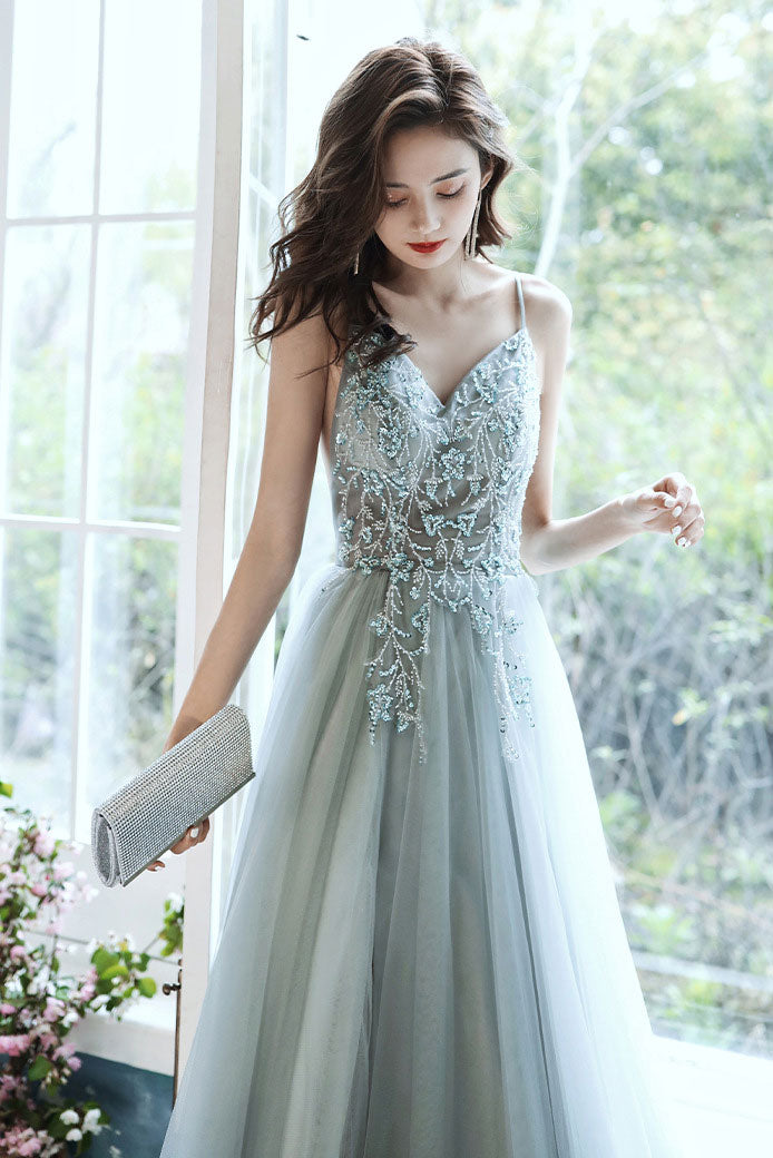 Gray v neck tulle beads long prom dress beads tulle evening dress shdress Gray v neck tulle beads long prom dress beads tulle evening dress shdress