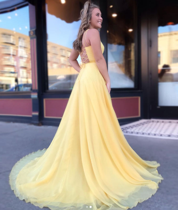 
                  
                    Simple yellow chiffon long prom dress, yellow evening dress
                  
                
