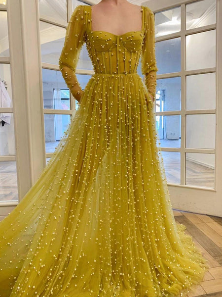 Yellow sweetheart tulle beads long prom dress, yellow evening dress – shdress