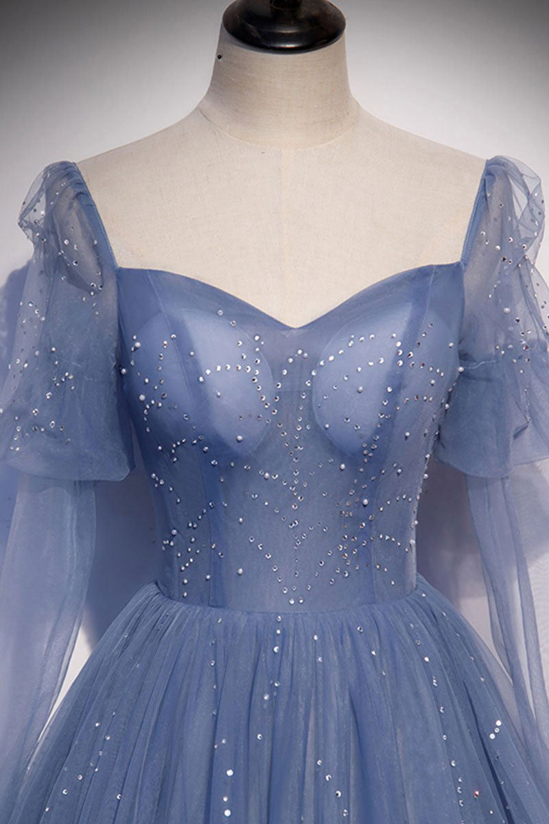 Blue A line tulle sequin long prom dress, blue tulle formal dress – shdress