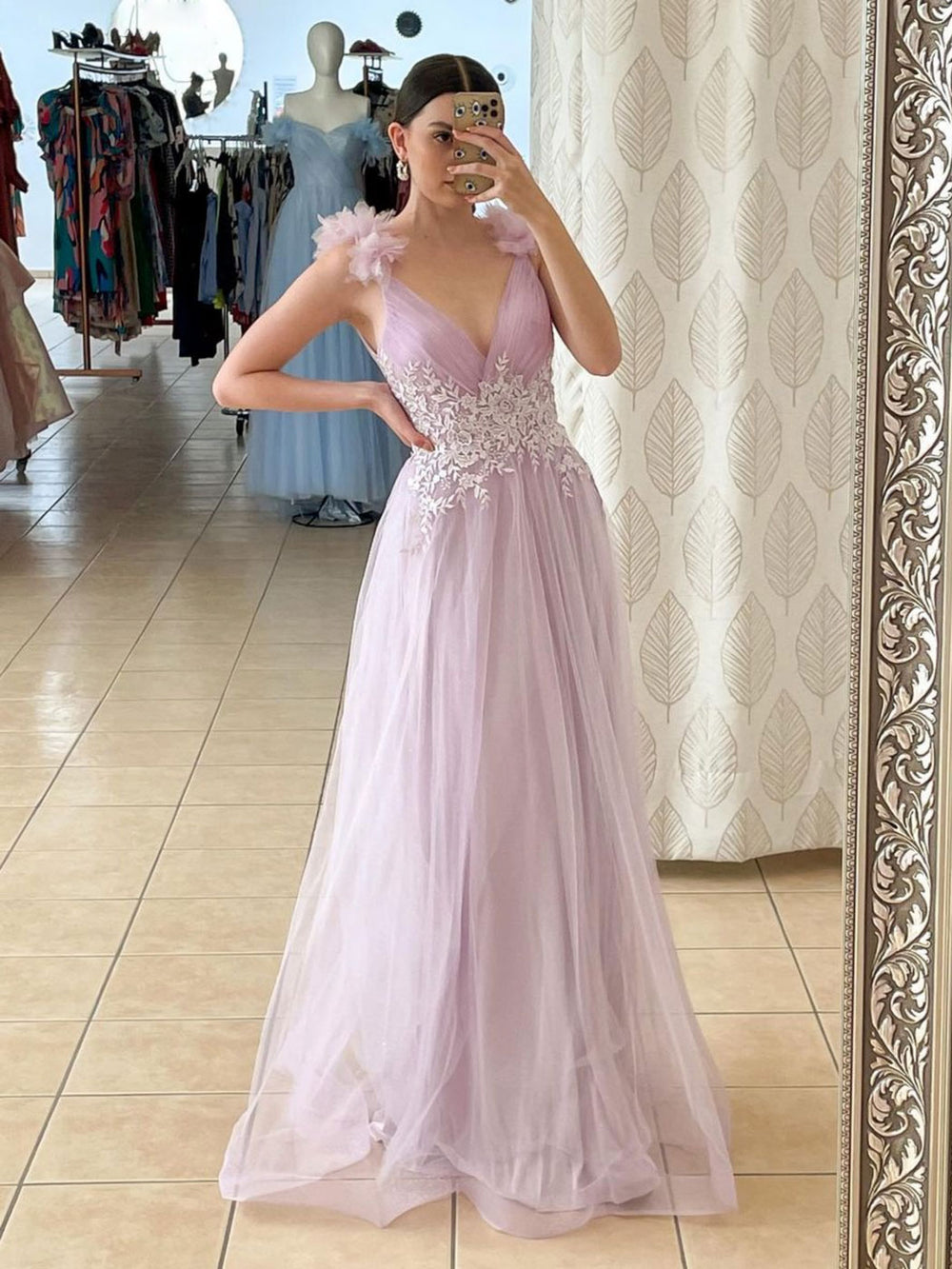 pink graduation dresses V neck A line Pink Long Prom Dresses, Lace Long Graduation Dresses Wit – shdress
