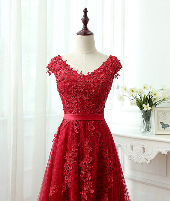 
                  
                    Burgundy tulle lace applique long prom dress, burgundy evening dress - shdress
                  
                